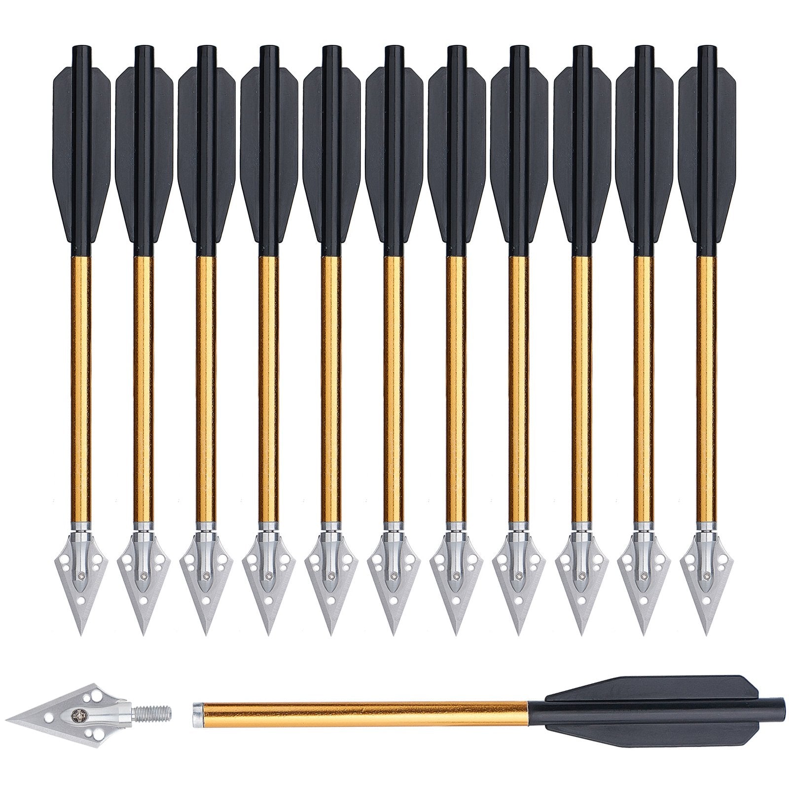 12x 6.25"/6.7" Aluminum Crossbow Bolts Arrows Replaceable Steel Tips Broadhead 50-80lbs Pistol Archery Hunting Golden/Red/Black Shafts Black Vanes